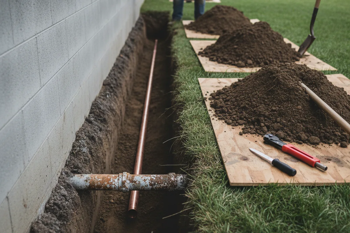 Excavated water line trench during Water Heater Repair in Newtown